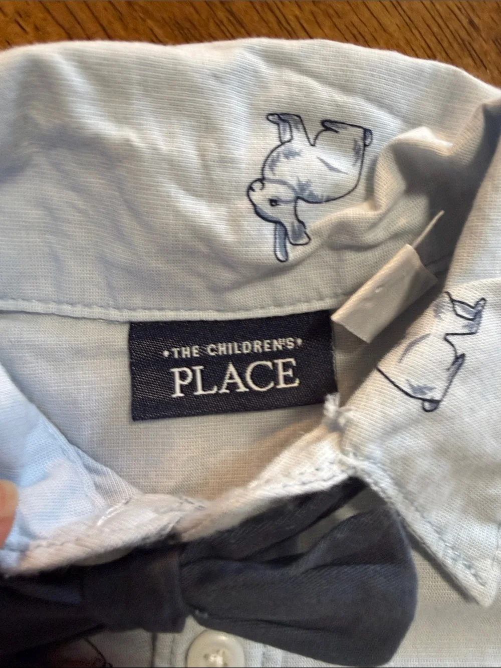 The Children’s Plave Baby Boy Light Blue Bunny Button-Up Bodysuit with Navy Bow